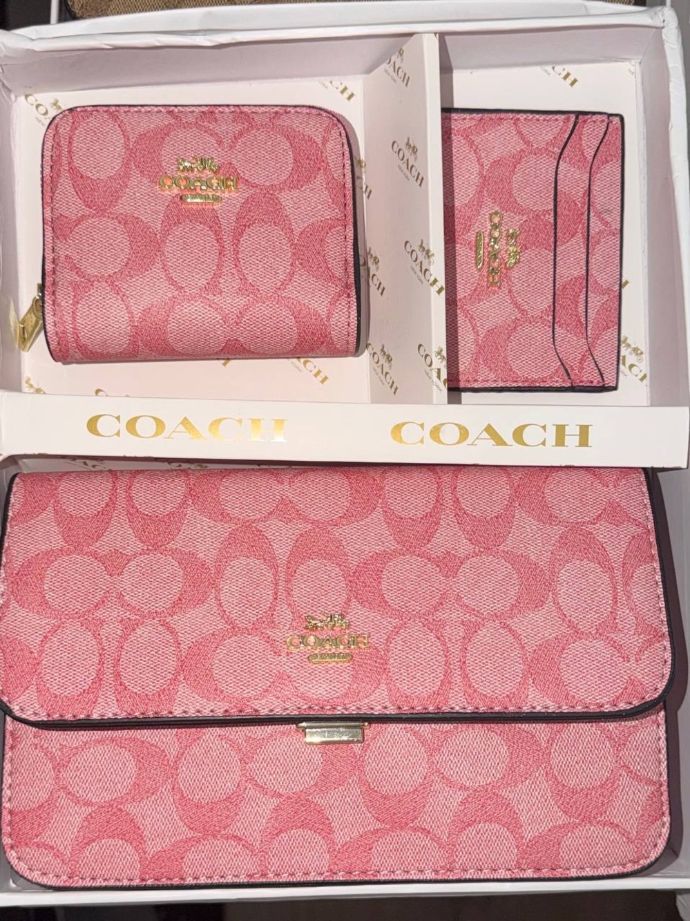 Coach Pink Signature Three-Piece Wallet, Card Case & Clutch Set